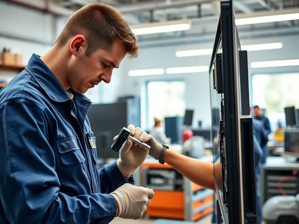 A certified technician in a clean, modern workshop, carefully examining the internal components of an LED TV, showcasing Xorendi's commitment to quality and precision in every repair.