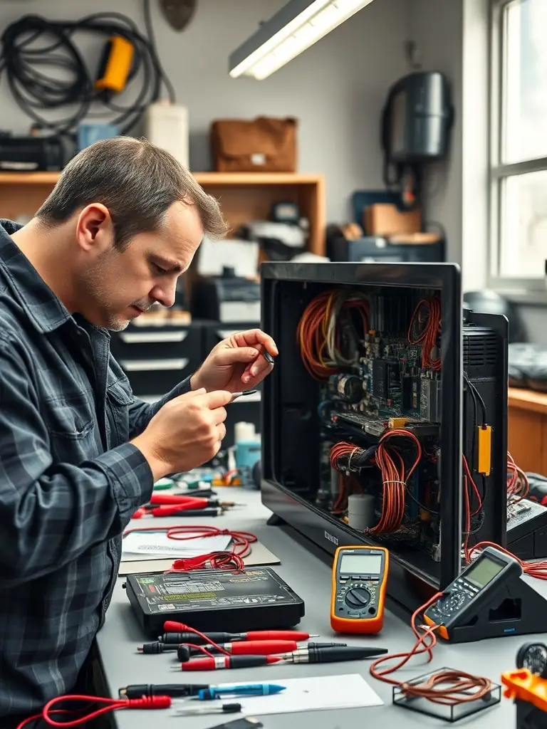 A technician working on the power supply of a TV, with various electronic components and tools visible, emphasizing the power supply repair service.