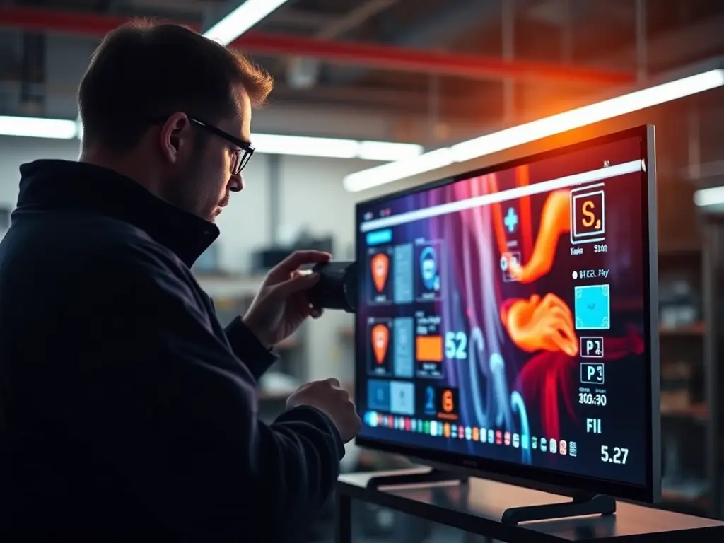 A technician is carefully diagnosing an LED TV using specialized tools in a well-lit repair shop, showcasing the precision and expertise involved in the repair process.