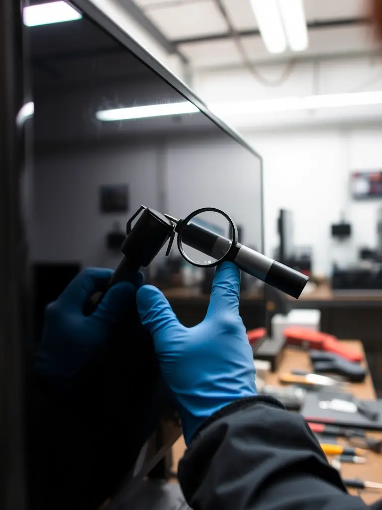 A close-up shot of a technician carefully examining the screen of an LED TV with specialized tools in a well-lit repair shop, showcasing the diagnostic process for screen issues.