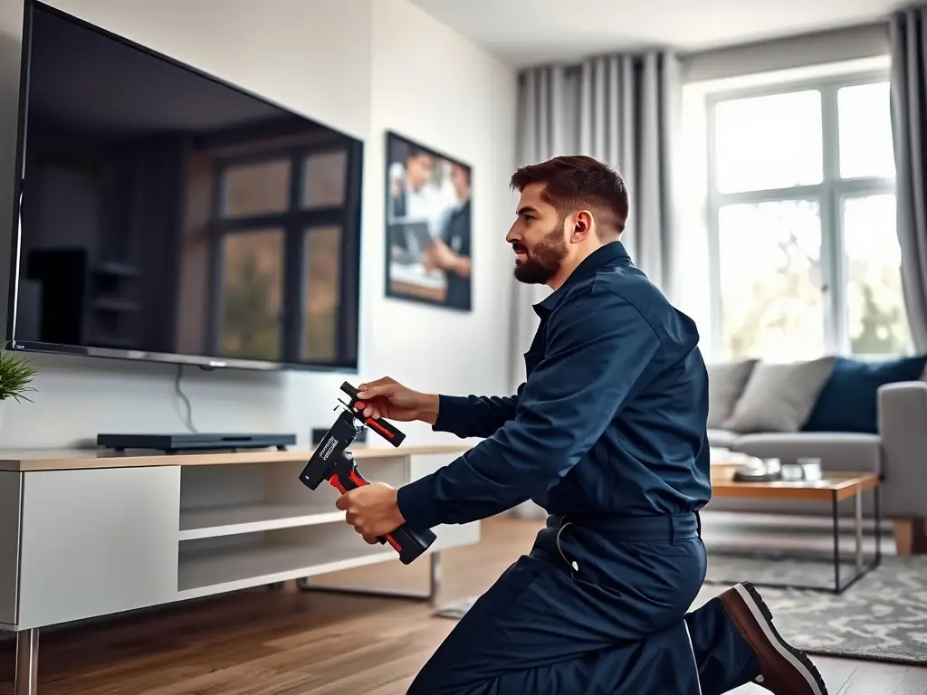 A technician performing a same-day repair on a Smart TV in a customer's living room, emphasizing Xorendi's quick and convenient service.