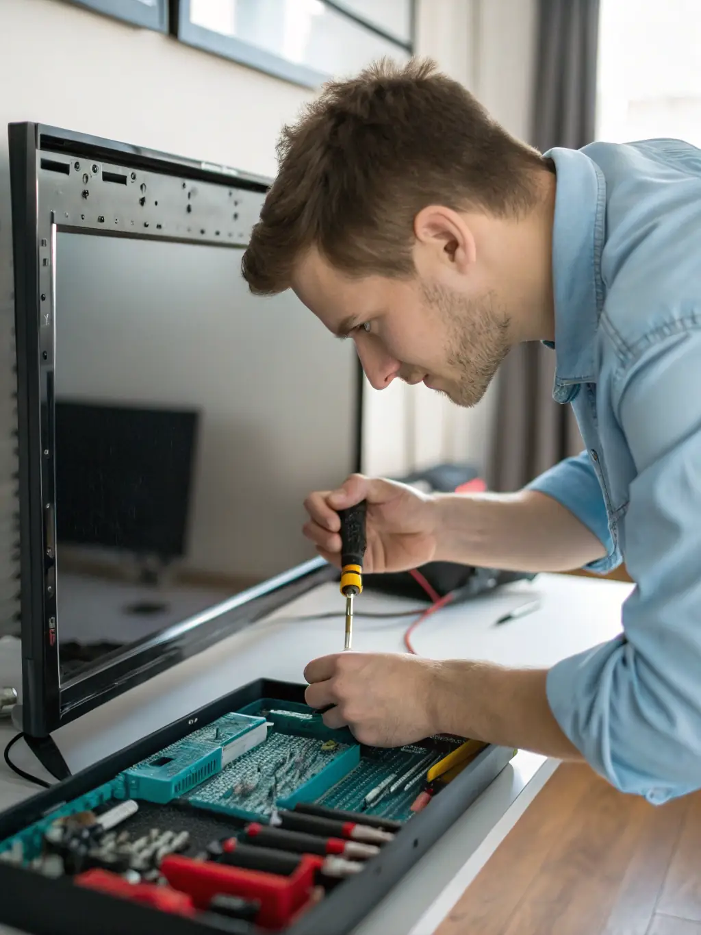 A technician replacing the backlight of an LCD TV, with the TV partially disassembled and the new backlight component visible, highlighting the backlight replacement service.