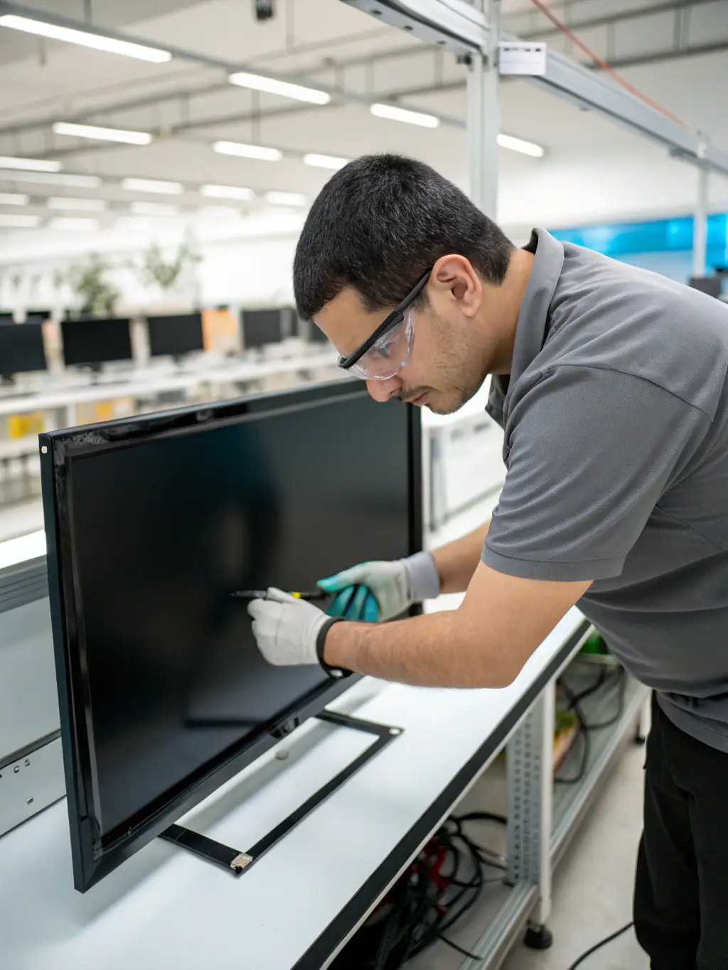 A technician carefully inspecting the panel of an OLED TV with diagnostic equipment, highlighting the specialized diagnostics for OLED TVs.