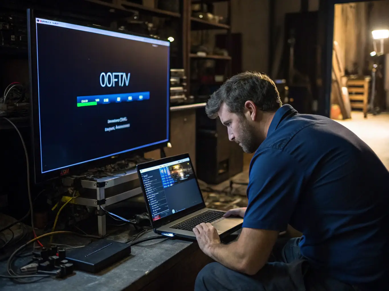 A technician is shown updating the software on a Smart TV, using diagnostic tools to ensure all smart features are functioning correctly and efficiently.